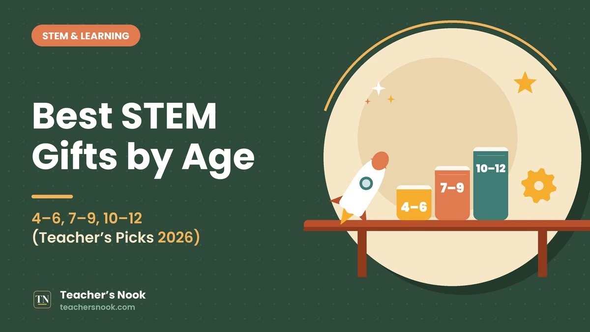 Teacher’s Nook cover for “Best STEM Gifts by Age: 4–6, 7–9, 10–12 (Teacher's Picks 2026)”: flat illustration of age blocks 4–6, 7–9 and 10–12, a toy rocket and a gear