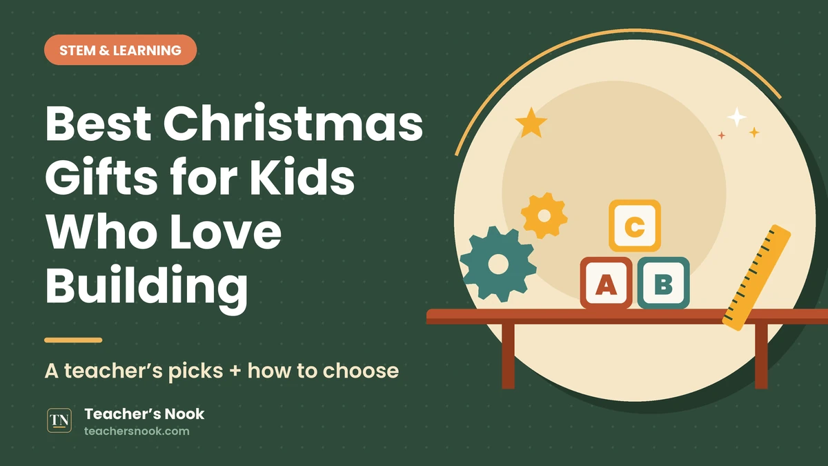 Teacher’s Nook cover for “Best Christmas Gifts for Kids Who Love Building”: flat illustration of letter blocks, gears and a ruler